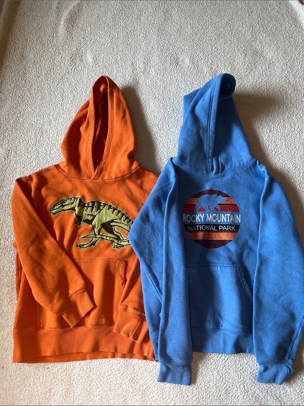 Boys medium Blue Rocky Mountain National Park & Orange Dinosaur Hoodies